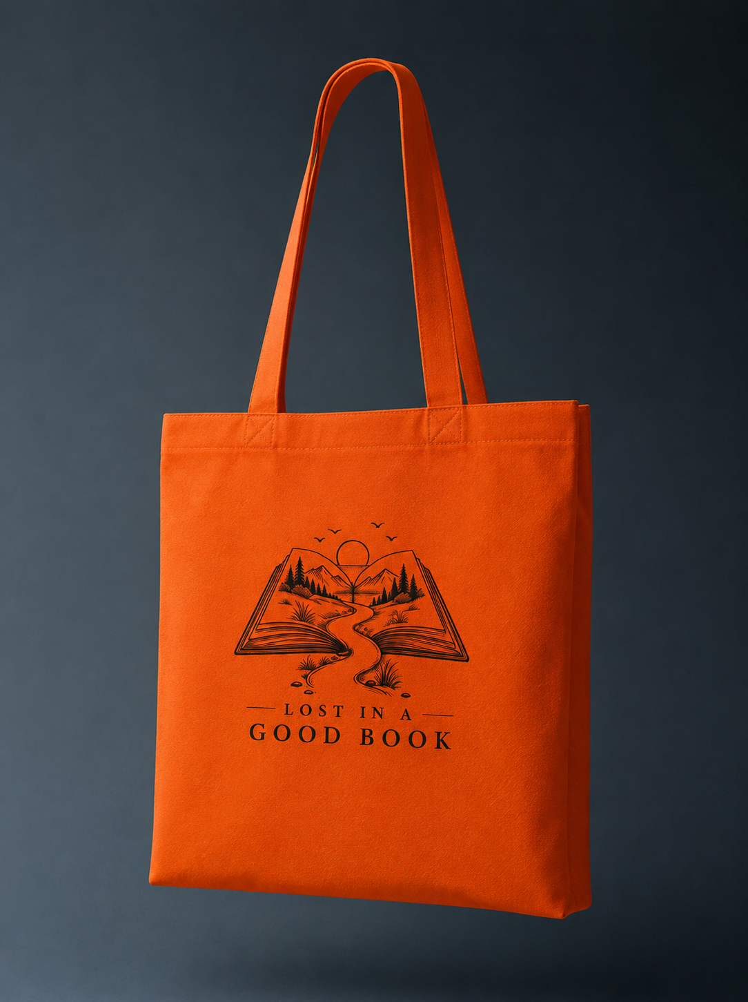 Orange book tote bag with Lost in a Good Book illustration by Del Lago Greenwich