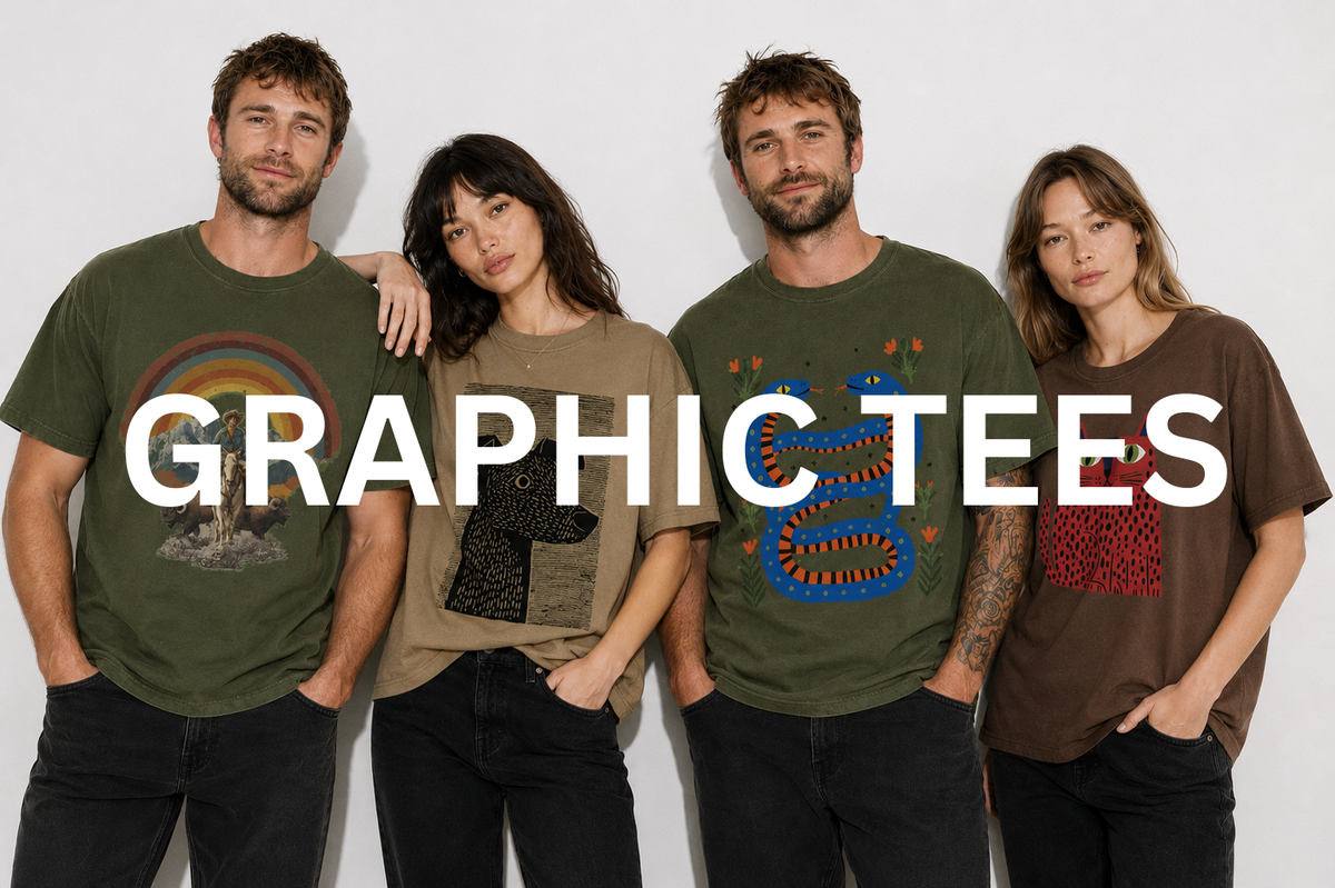 Four models wearing original graphic tees with colorful artwork by Del Lago Greenwich