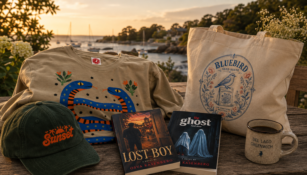 Del Lago Greenwich accessories including an embroidered cap, graphic tote bag, apparel and original novels