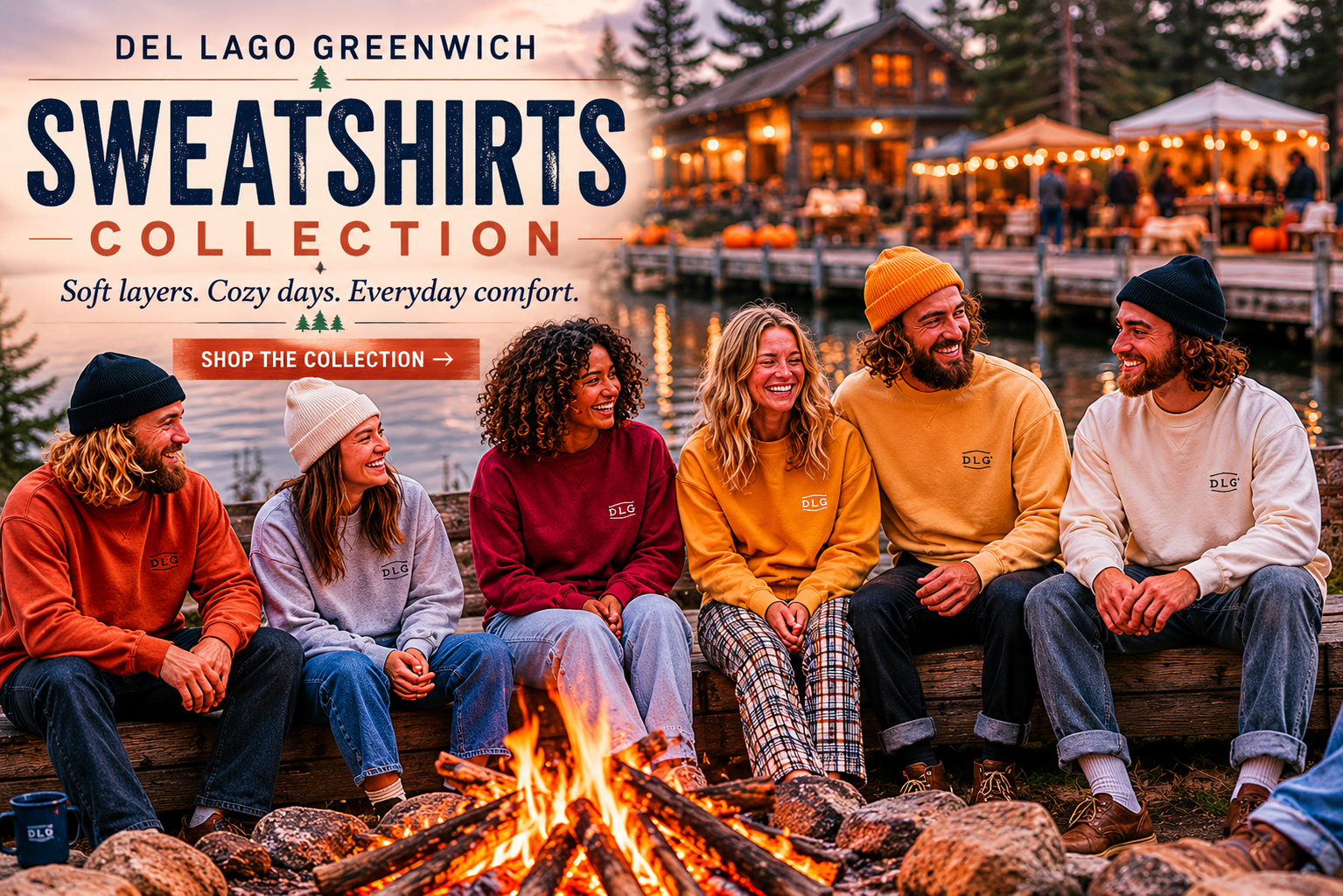 Models wearing Del Lago Greenwich gray graphic sweatshirts with colorful bear artwork and minimalist black cat illustration.