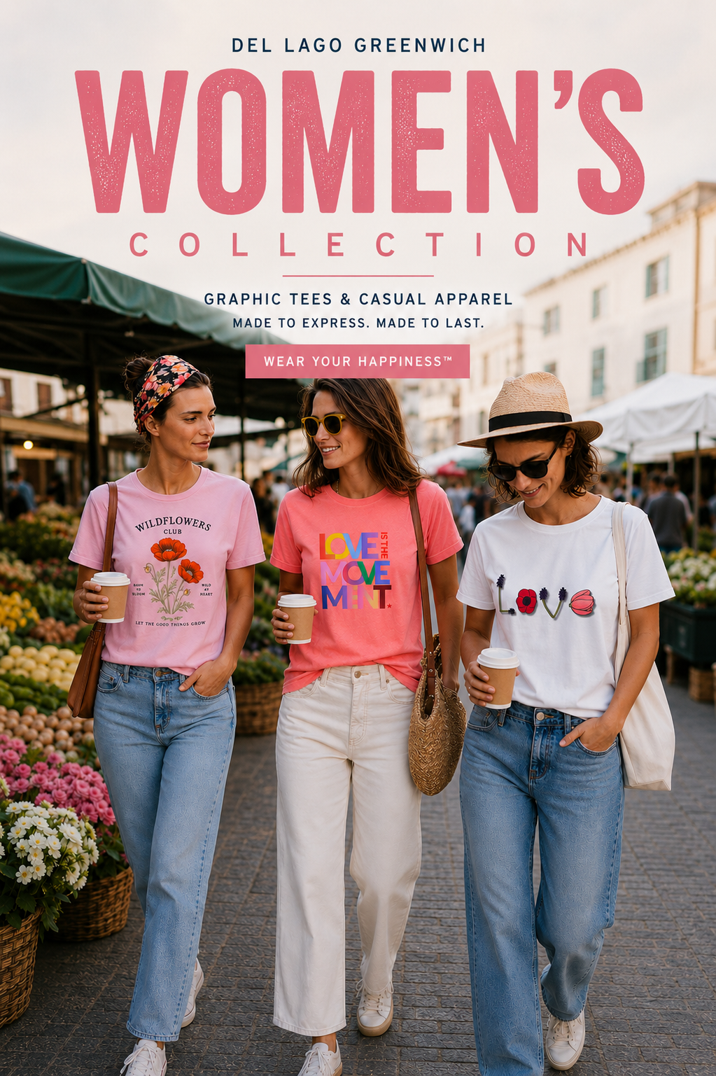 Woman wearing colorful floral graphic t-shirt in city street, lifestyle fashion image – Del Lago Greenwich vintage style tee