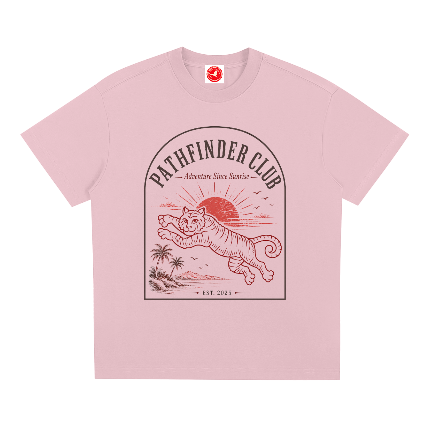 Pink t-shirt with a tiger graphic and 'Pathfinder Club' text on a white background