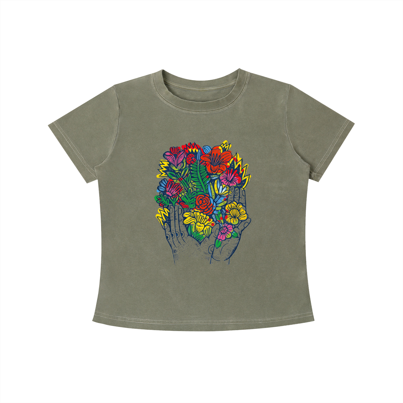 Green Bloom in Hand graphic t-shirt featuring floral hand artwork inspired by nature, creativity, and botanical illustration.