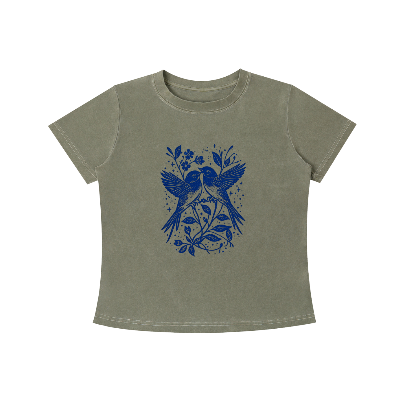 Green Bluebird Garden Folk graphic t-shirt featuring bird and floral artwork inspired by folk art and botanical beauty.
