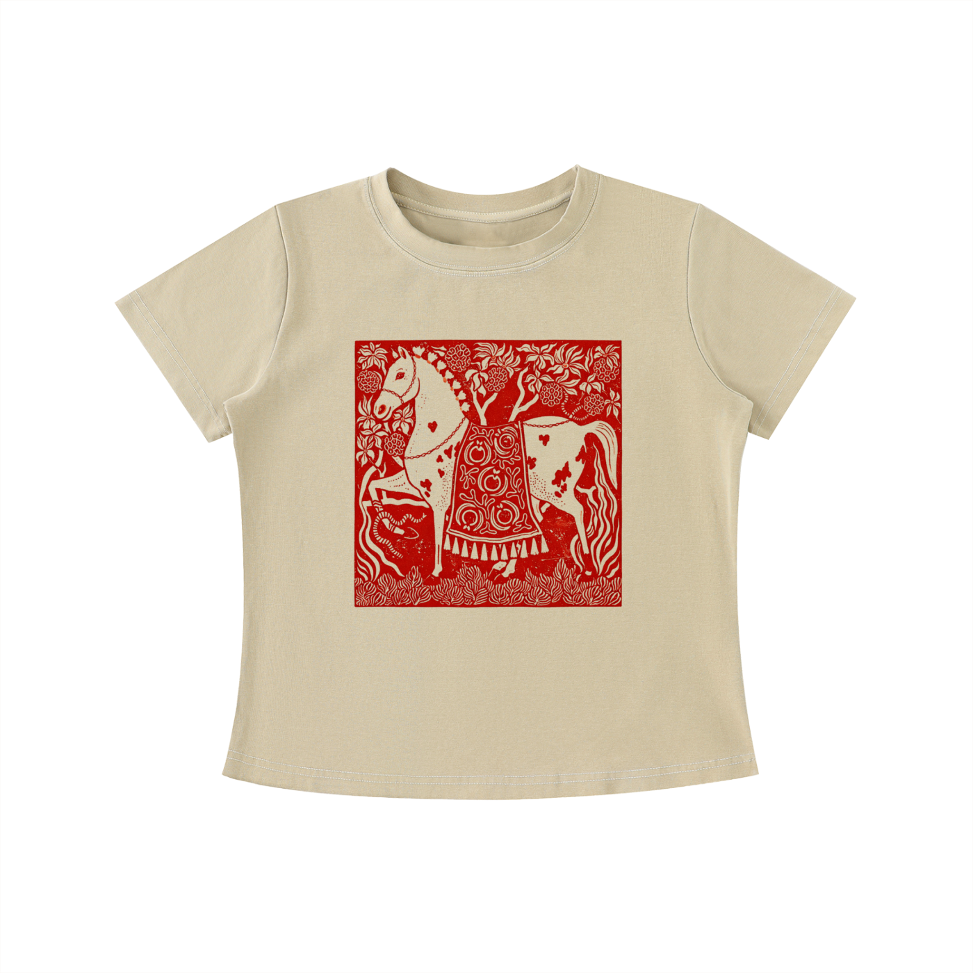 Beige Crimson Horse graphic t-shirt featuring folk art-inspired horse artwork celebrating tradition, creativity, and nature.