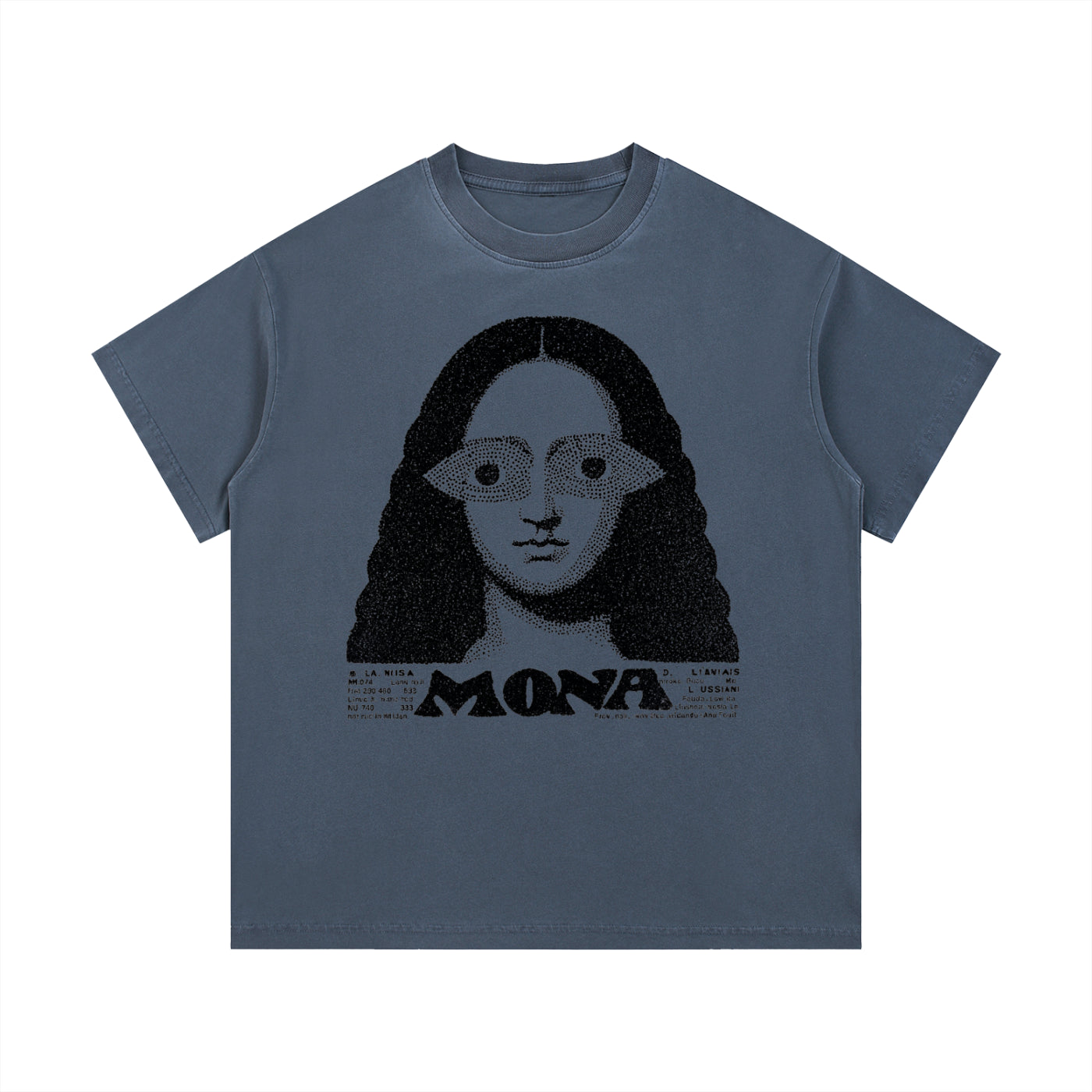 Blue Mona graphic t-shirt featuring artistic portrait-inspired artwork with a modern vintage aesthetic.