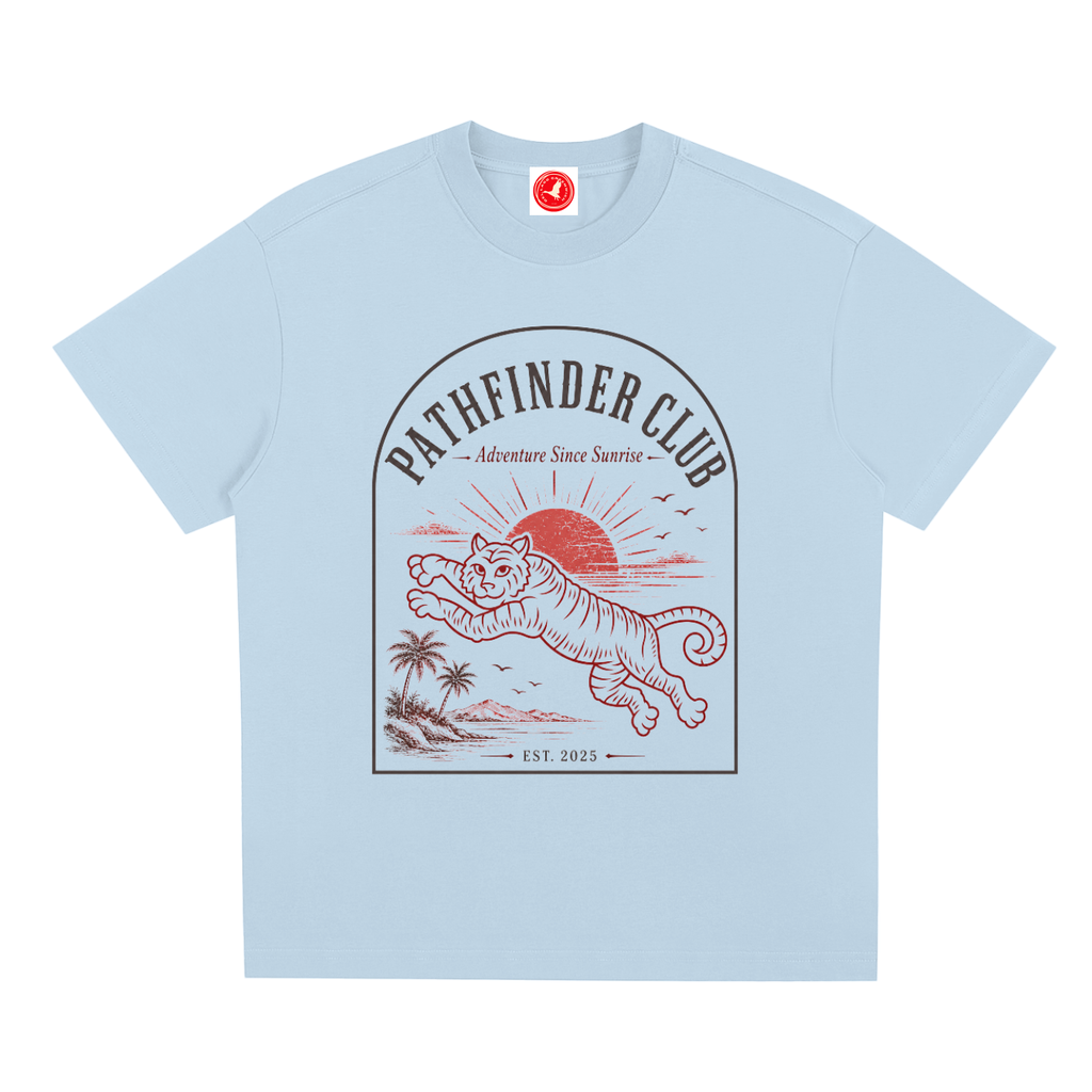 Light blue t-shirt with a red and black graphic design on a white background