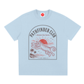 Light blue t-shirt with a red and black graphic design on a white background