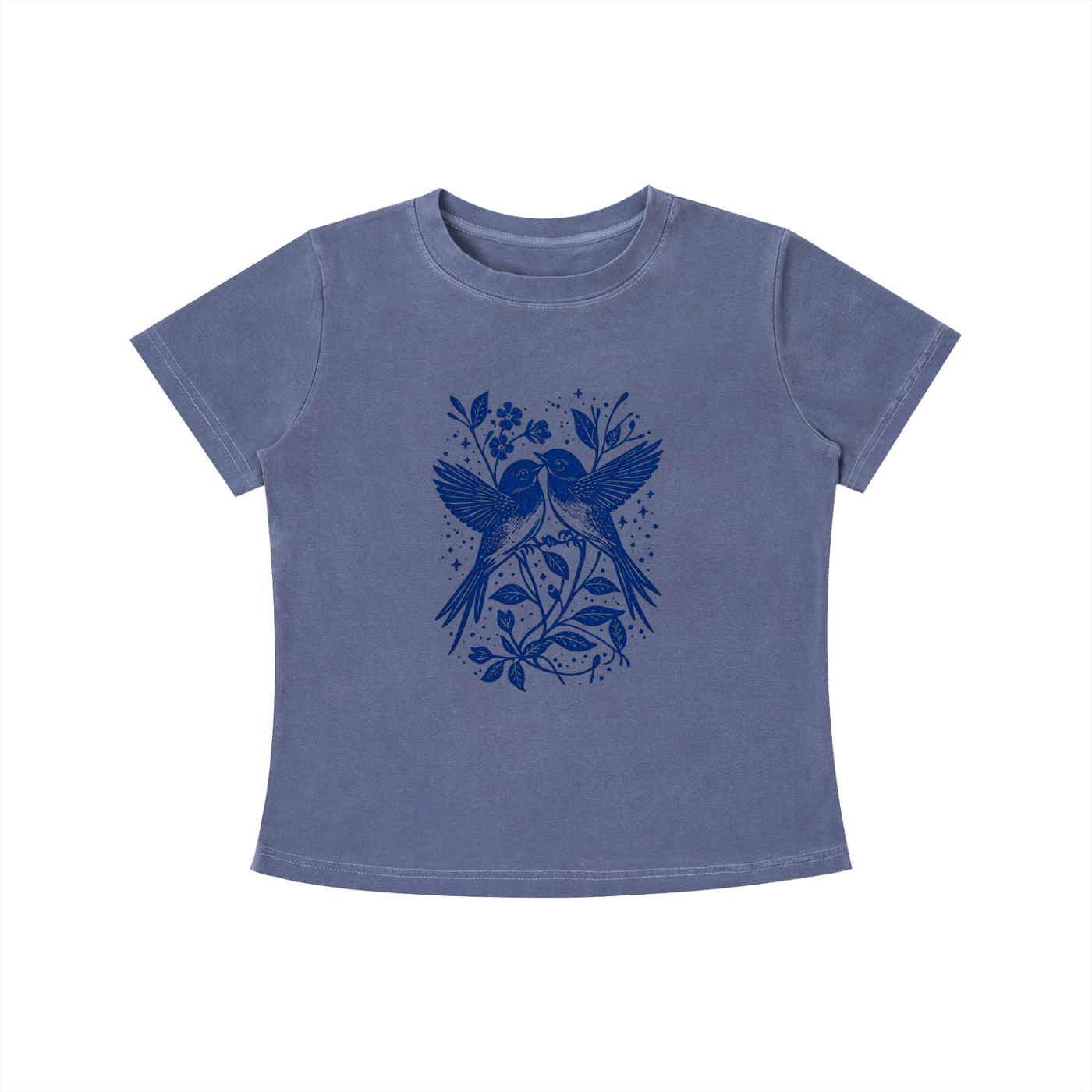Blue Bluebird Garden Folk graphic t-shirt featuring bird and floral artwork inspired by folk art and botanical beauty.
