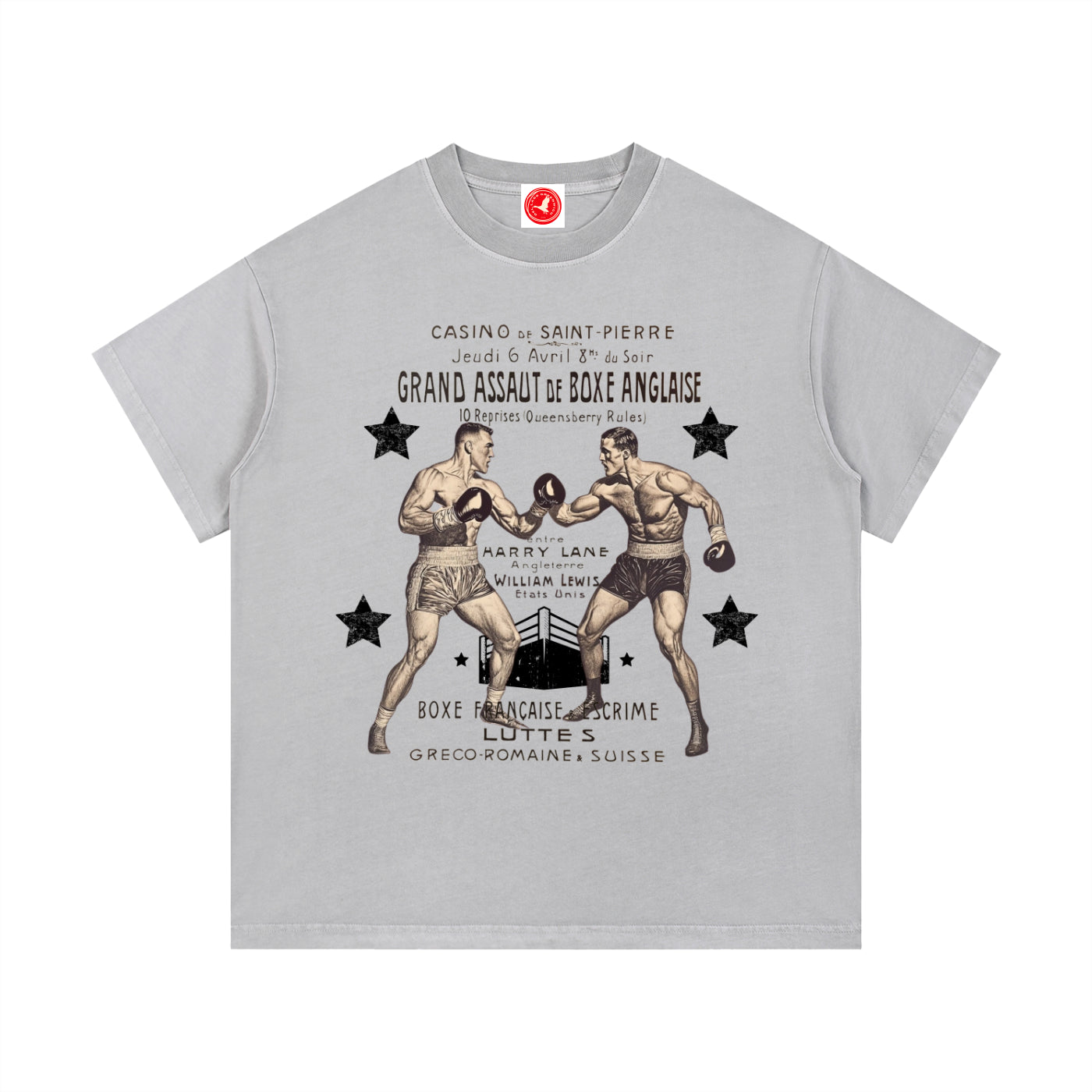 Gray Vintage Boxing Match graphic t-shirt featuring retro boxing artwork inspired by classic fight posters and vintage athletic design.