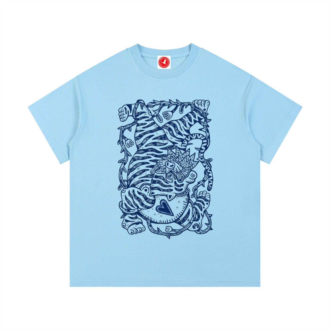 Light blue Ink Tiger graphic t-shirt featuring bold tiger artwork inspired by wildlife and traditional ink illustration.