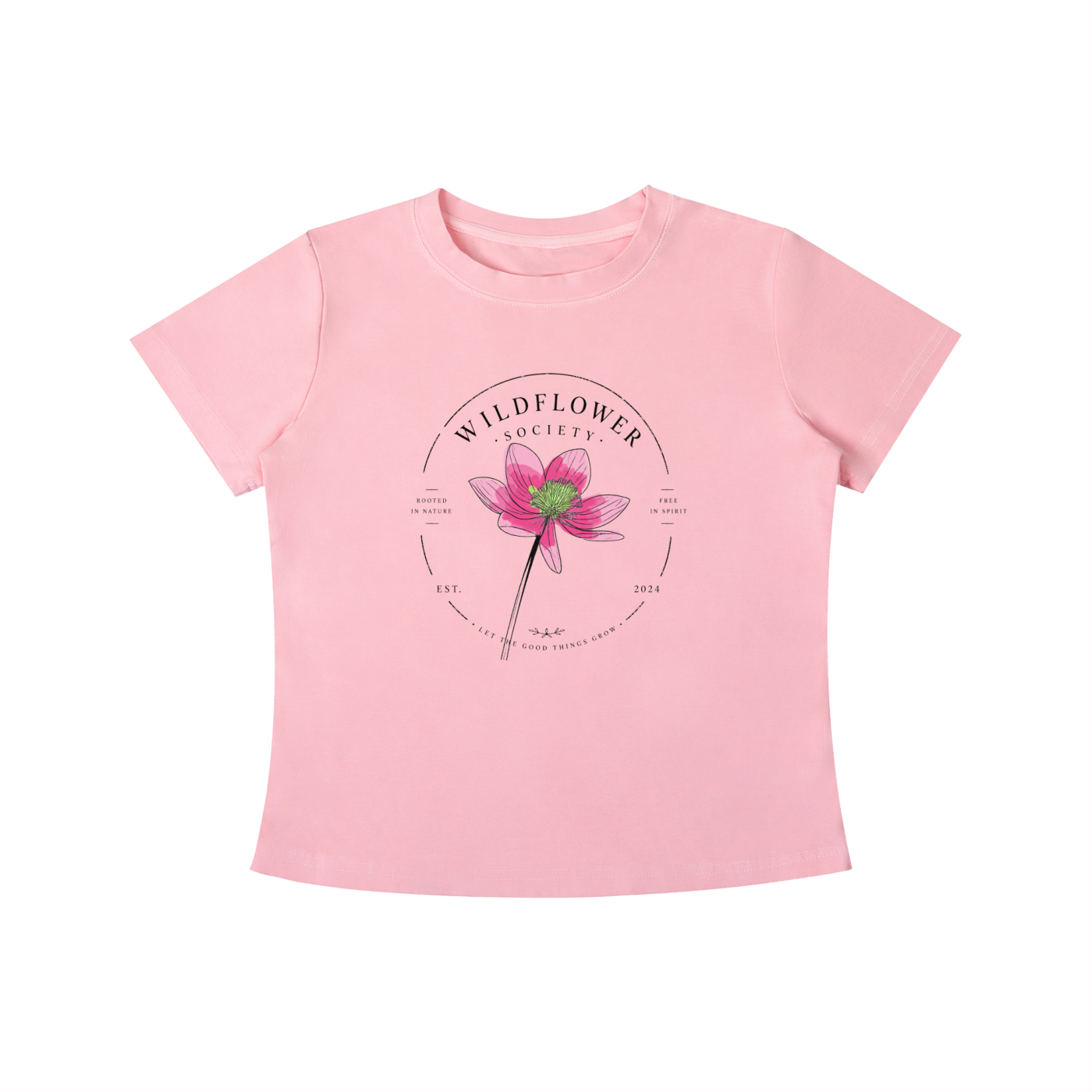 Pink Wildflower Society graphic t-shirt featuring botanical artwork inspired by wildflowers, nature, and free-spirited living.