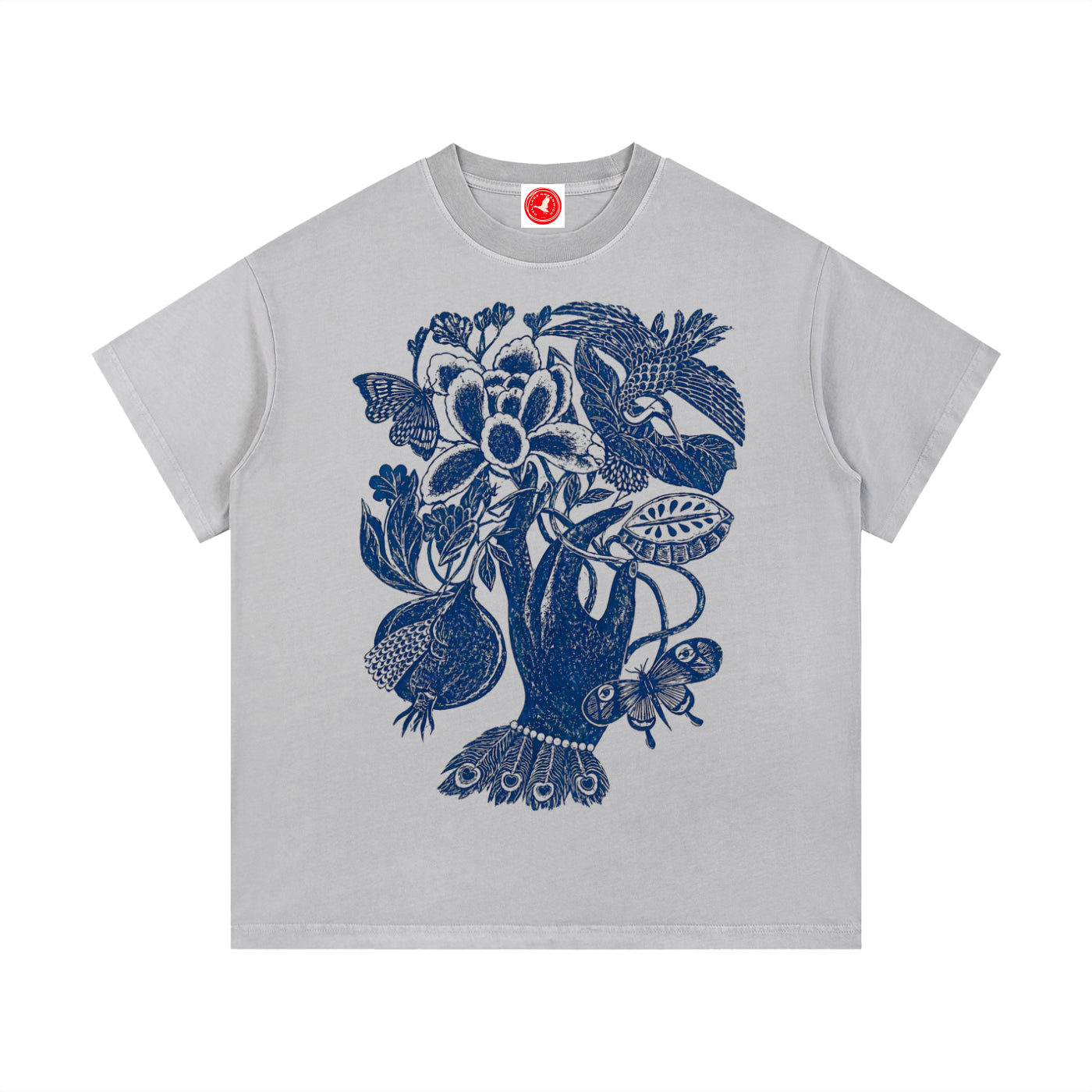Gray Botanical Hand graphic t-shirt featuring botanical hand artwork inspired by vintage floral illustration