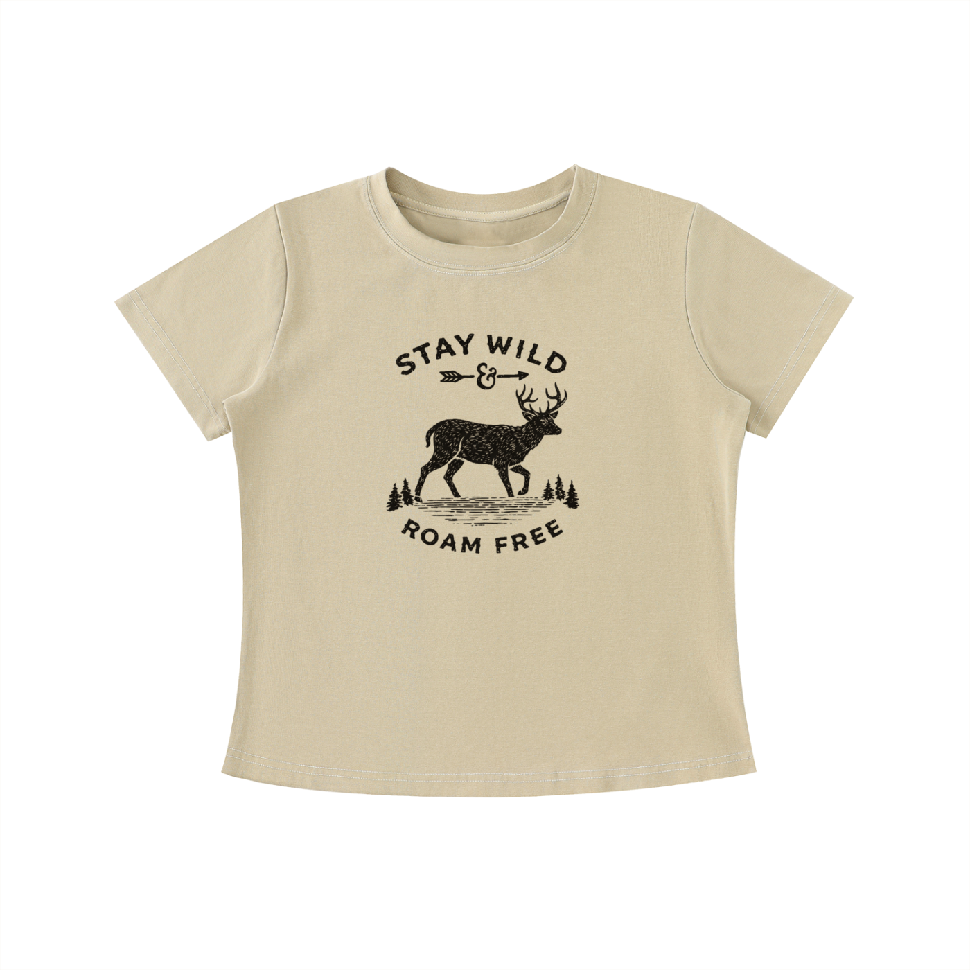 Beige Stay Wild Roam Free graphic t-shirt featuring adventure-inspired artwork celebrating freedom, exploration, and outdoor living.