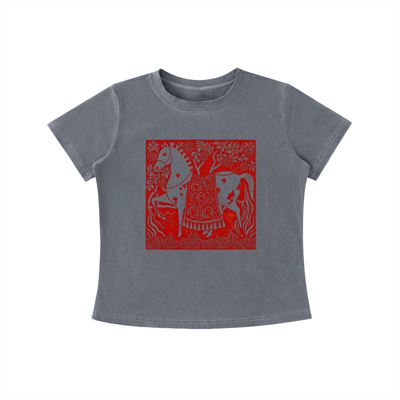 Gray Crimson Horse graphic t-shirt featuring folk art-inspired horse artwork celebrating tradition, creativity, and nature.