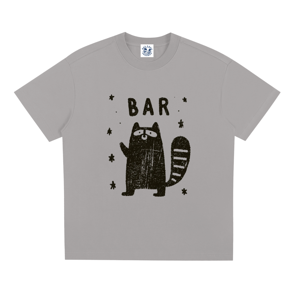 A light gray short-sleeve t-shirt with a black distressed graphic of a raccoon and the word 'BAR' on the front, displayed against a solid white background.