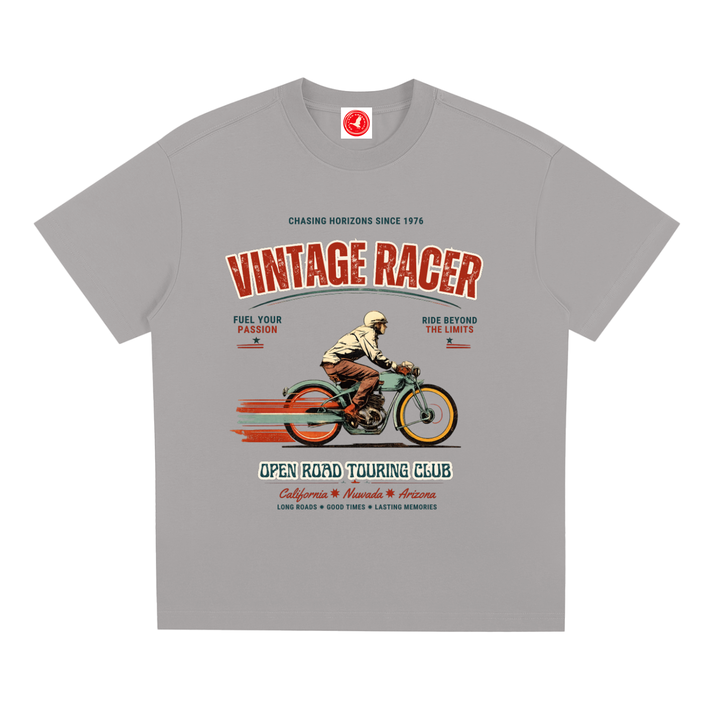 Gray Vintage racer graphic t-shirt featuring retro touring club artwork inspired by classic road trips and motorsport culture.