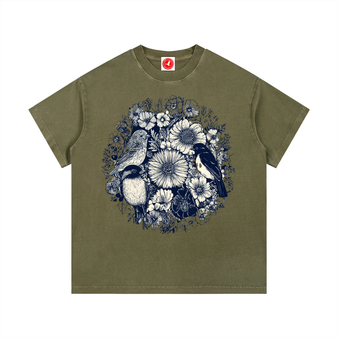 Olive green Floral Birds Circle graphic t-shirt featuring botanical bird artwork arranged in a decorative floral design.