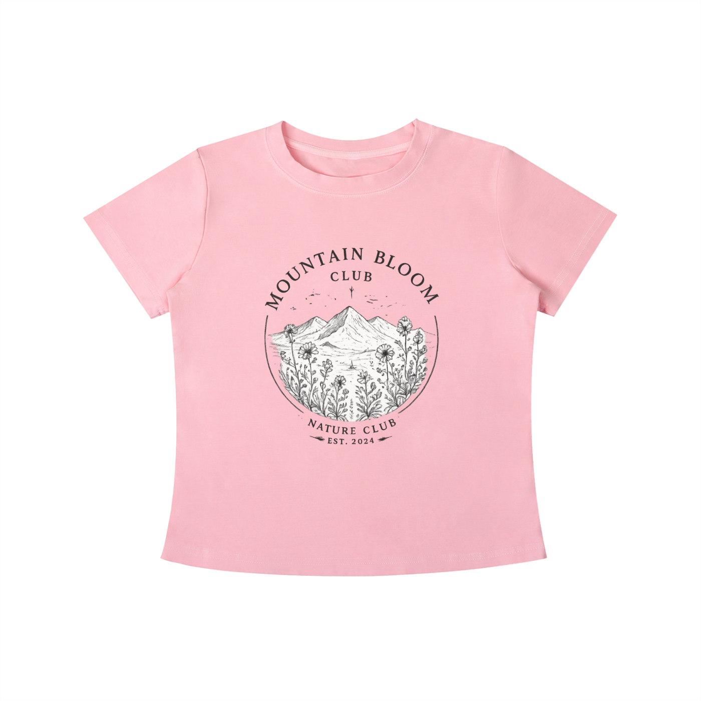 Pink Mountain Bloom Club graphic t-shirt featuring floral mountain artwork inspired by nature and outdoor adventure.