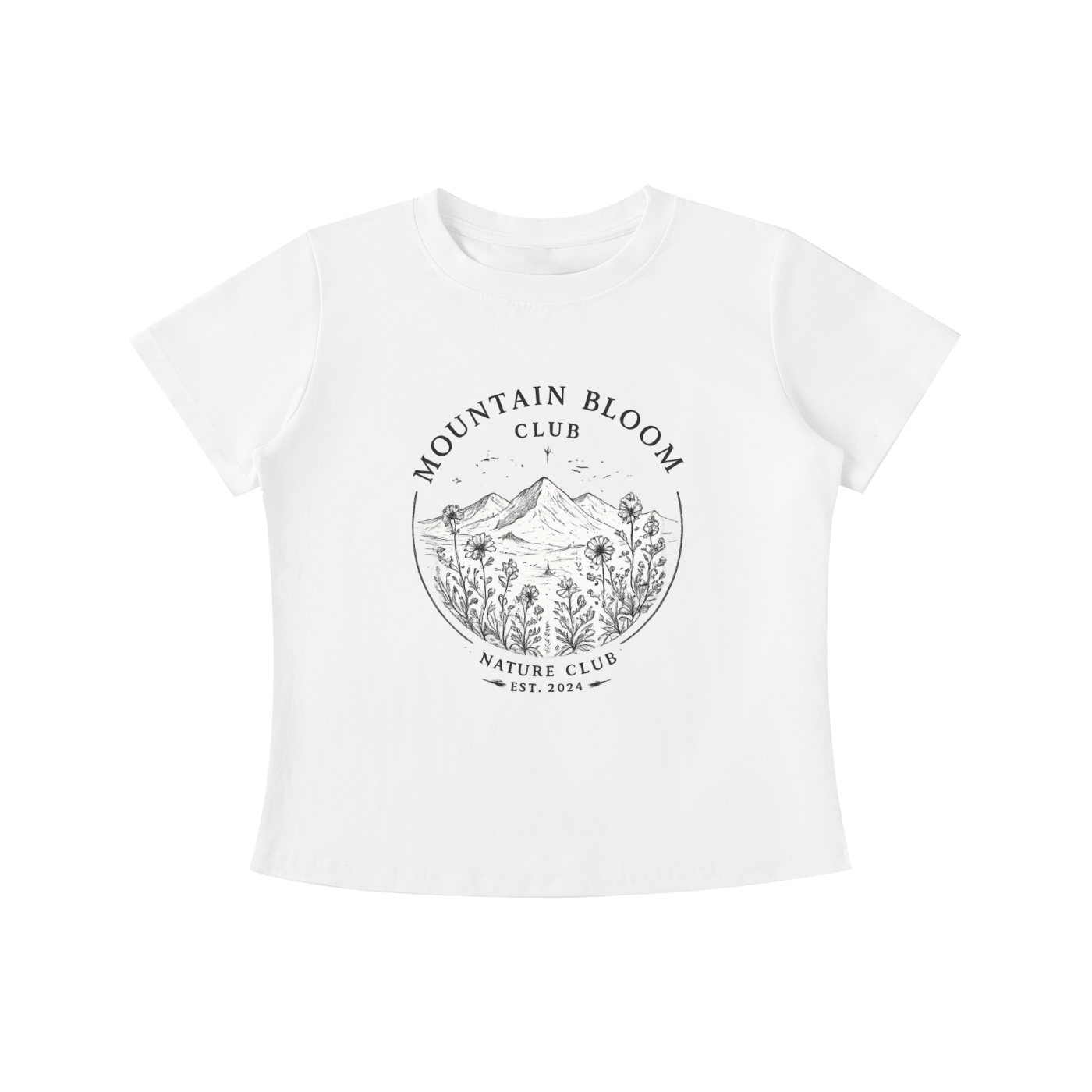 White Mountain Bloom Club graphic t-shirt featuring floral mountain artwork inspired by nature and outdoor adventure.