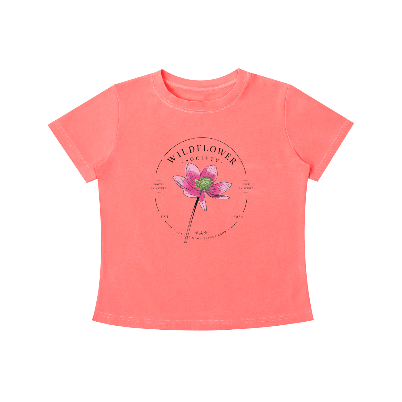 Coral Wildflower Society graphic t-shirt featuring botanical artwork inspired by wildflowers, nature, and free-spirited living.