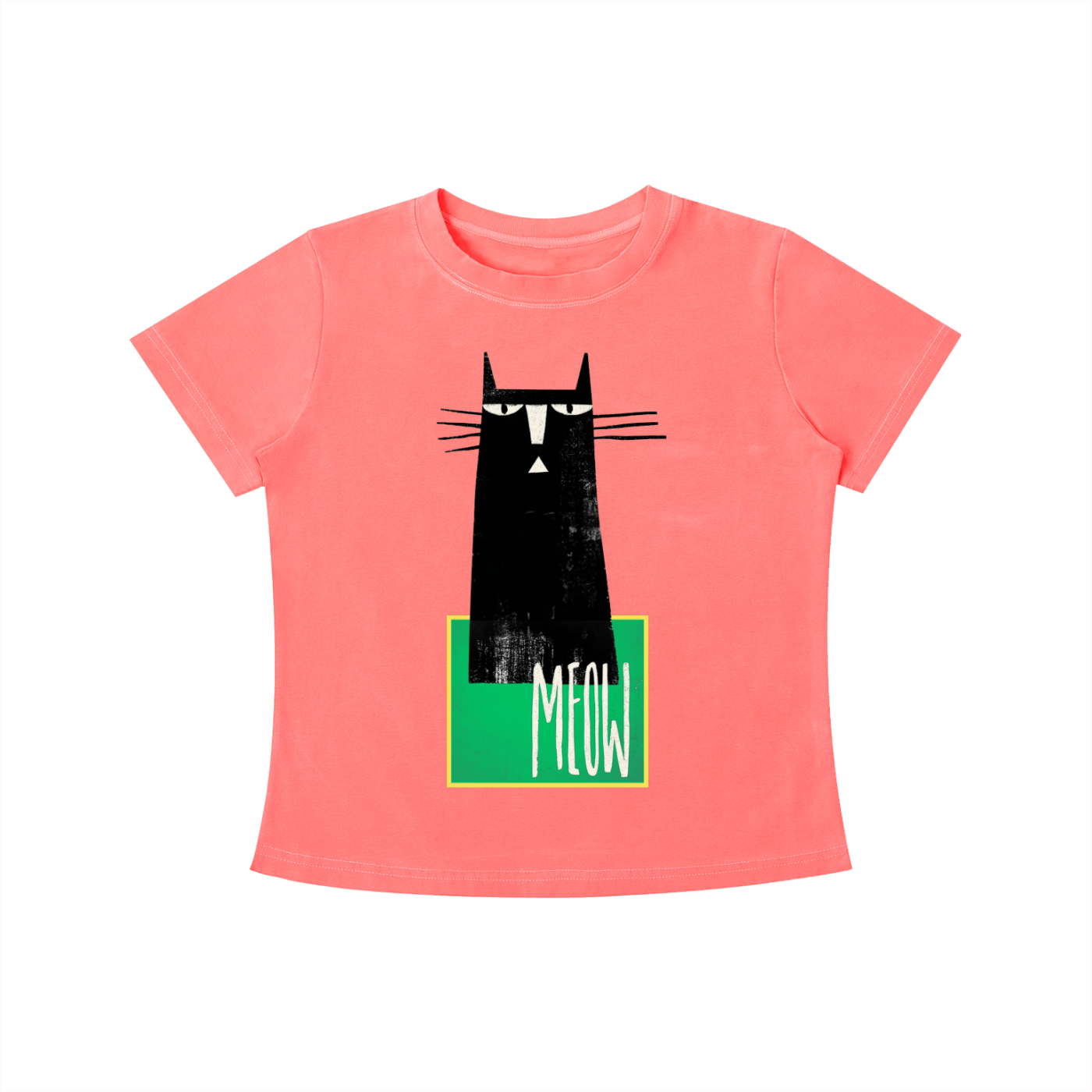 Pink MEOW graphic t-shirt featuring minimalist cat artwork inspired by feline lovers and modern design.