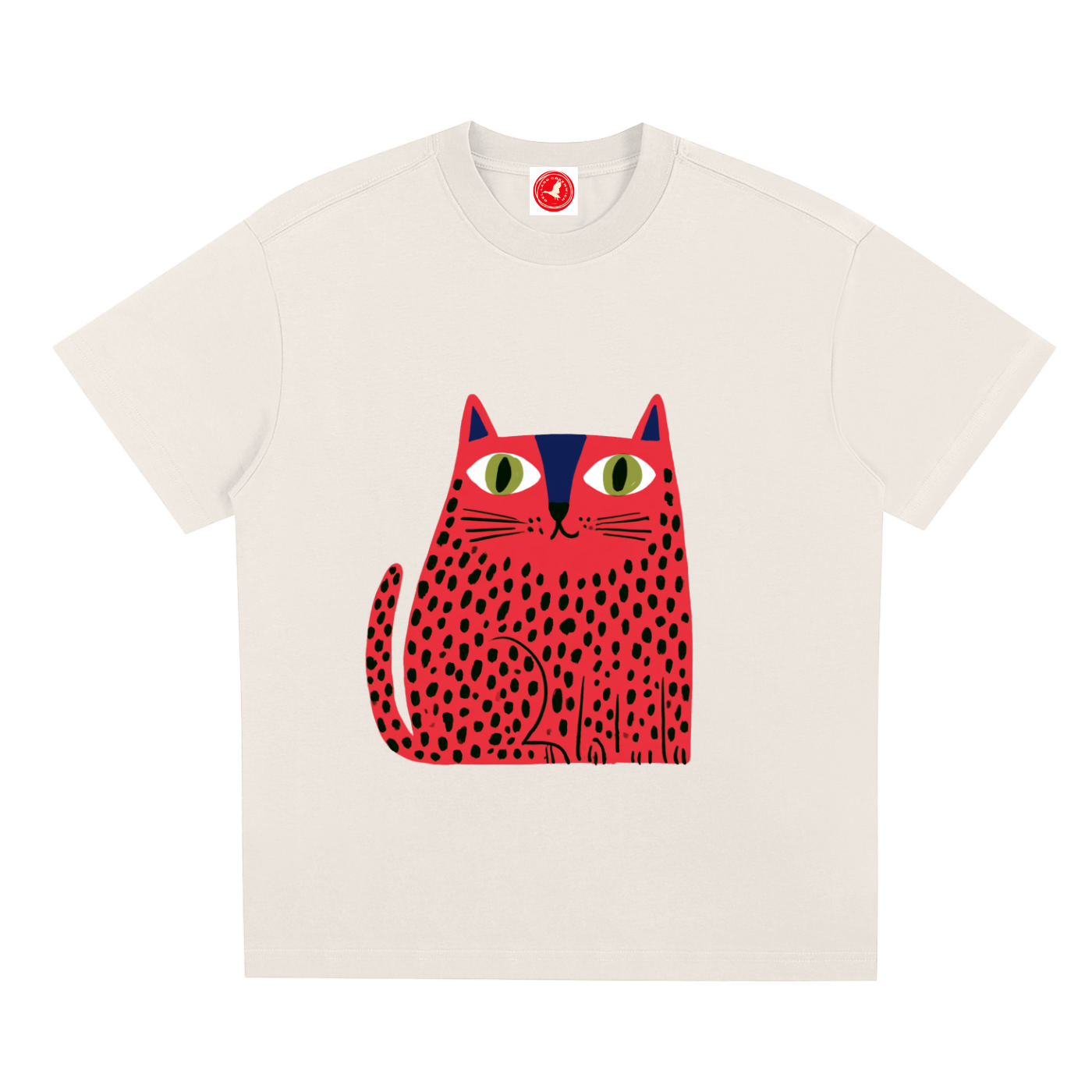 Short-sleeve crewneck t-shirt featuring a stylized graphic of a red cat with black spots and green eyes on the front, displayed against a solid white background.
