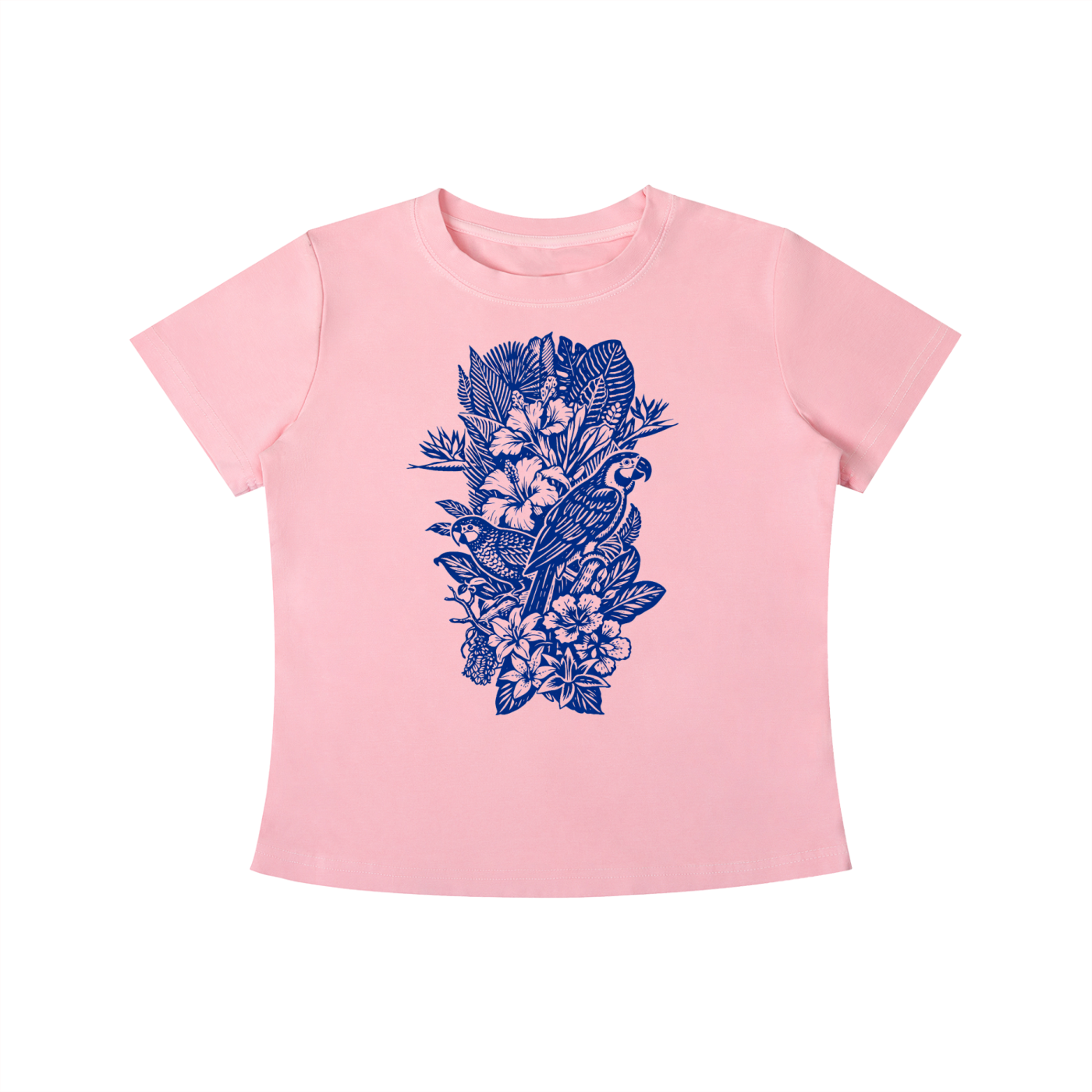 Pink Indigo Aviary graphic t-shirt featuring botanical bird artwork inspired by nature and vintage illustration.