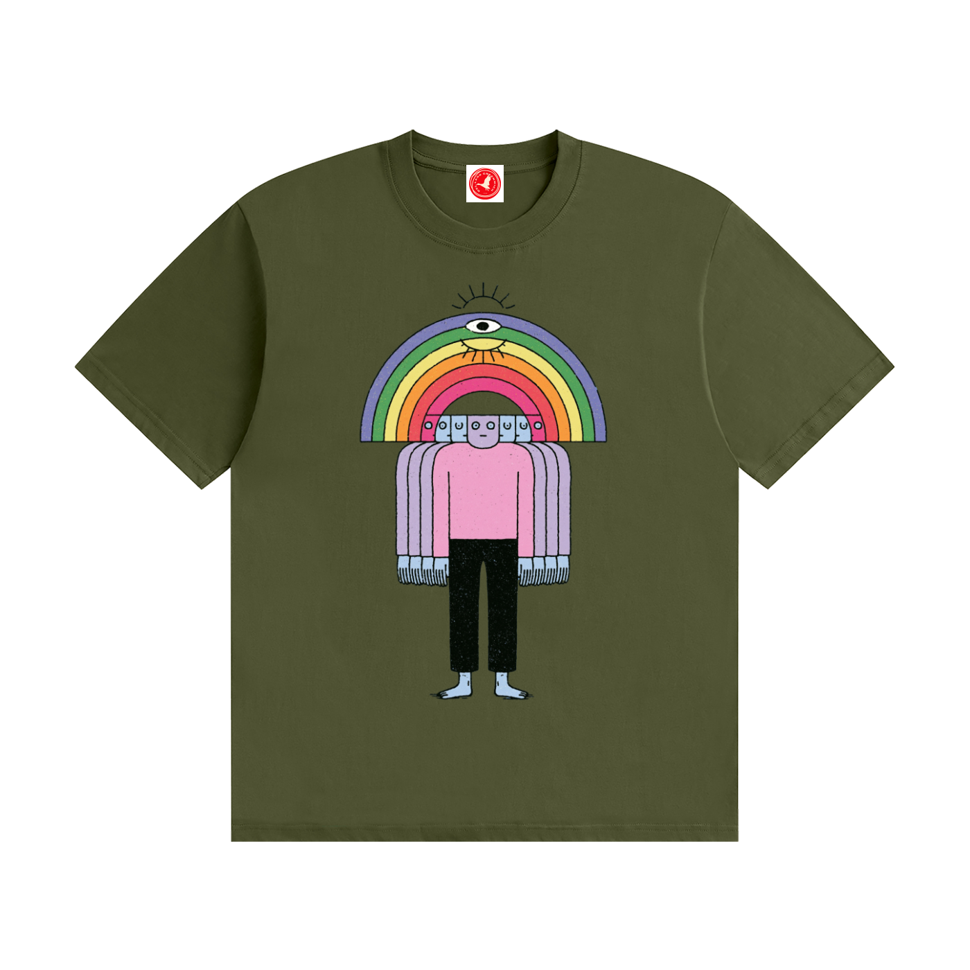 Green Friends Tee by Del Lago Greenwich featuring a colorful rainbow character graphic on a premium cotton t-shirt. Front product view displayed on a clean white background.