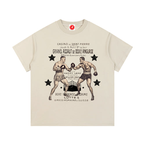 Beige Vintage Boxing Match graphic t-shirt featuring retro boxing artwork inspired by classic fight posters and vintage athletic design.