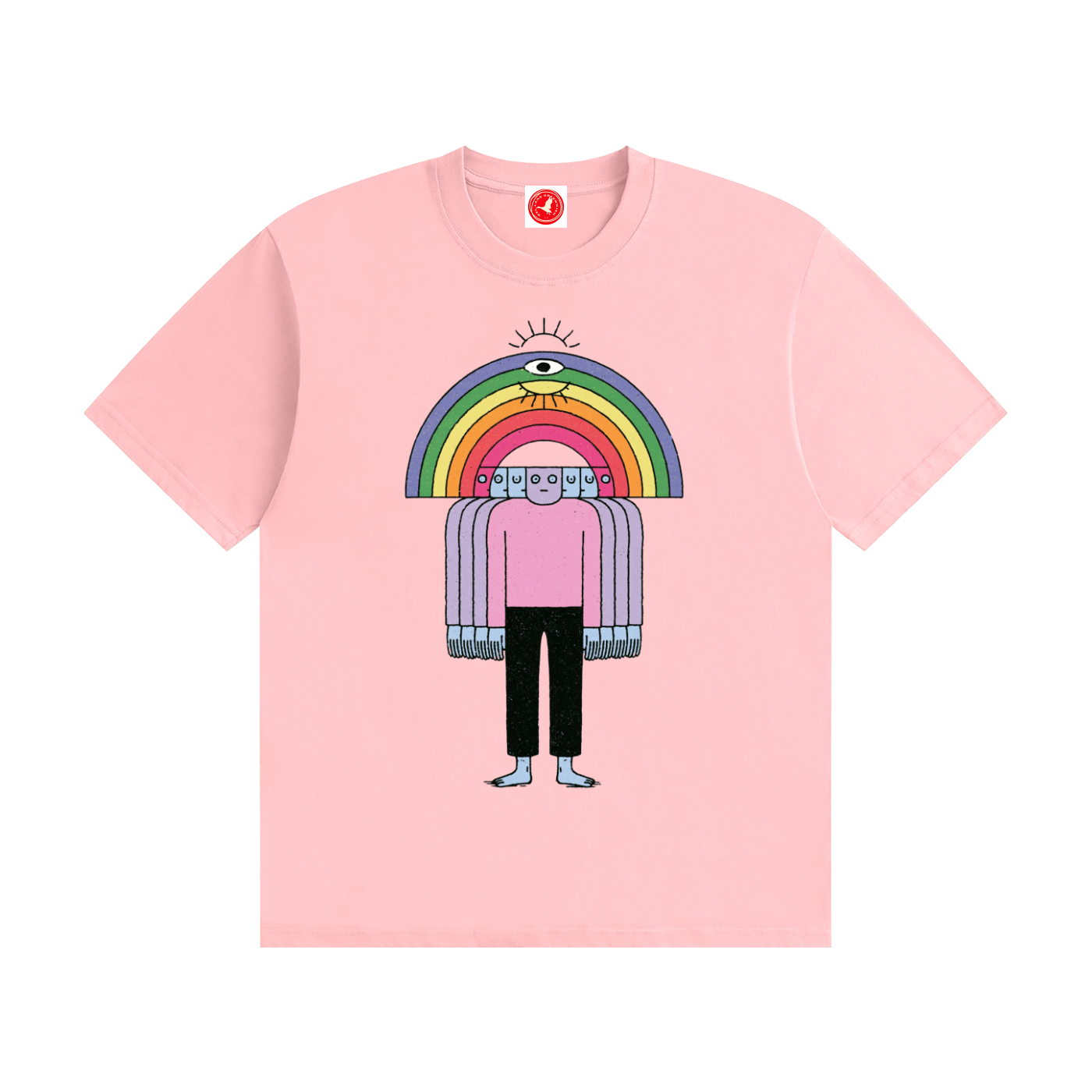 Pink Friends Tee by Del Lago Greenwich featuring a colorful rainbow character graphic on a premium cotton t-shirt. Front product view displayed on a clean white background.