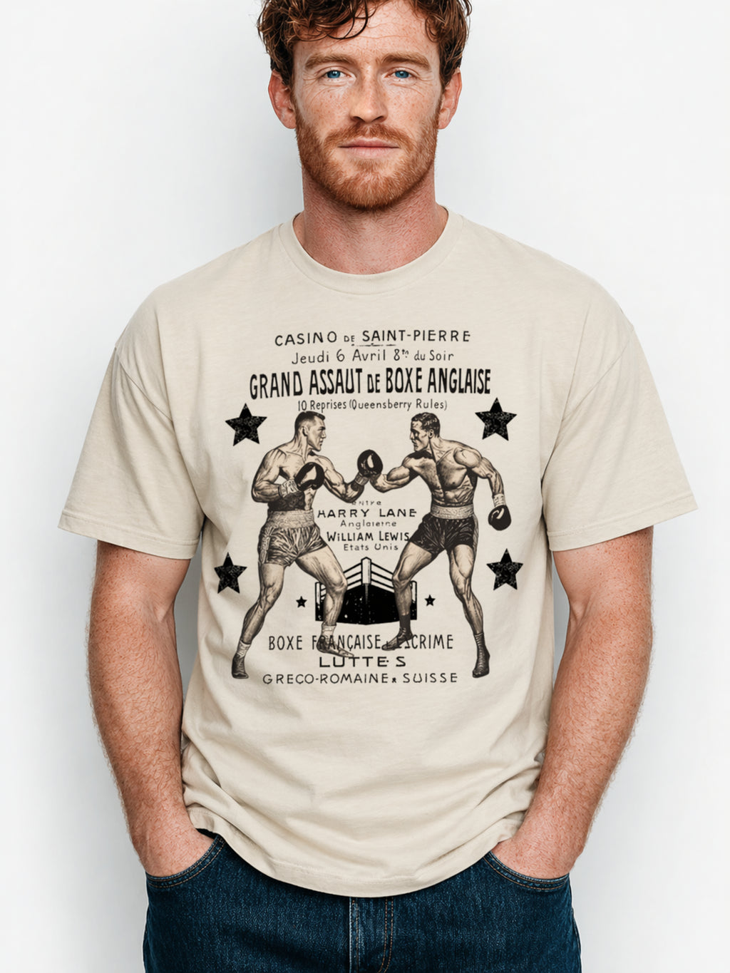 Man wearing a Vintage Boxing Match graphic t-shirt featuring retro boxing artwork inspired by classic fight posters and vintage athletic design.