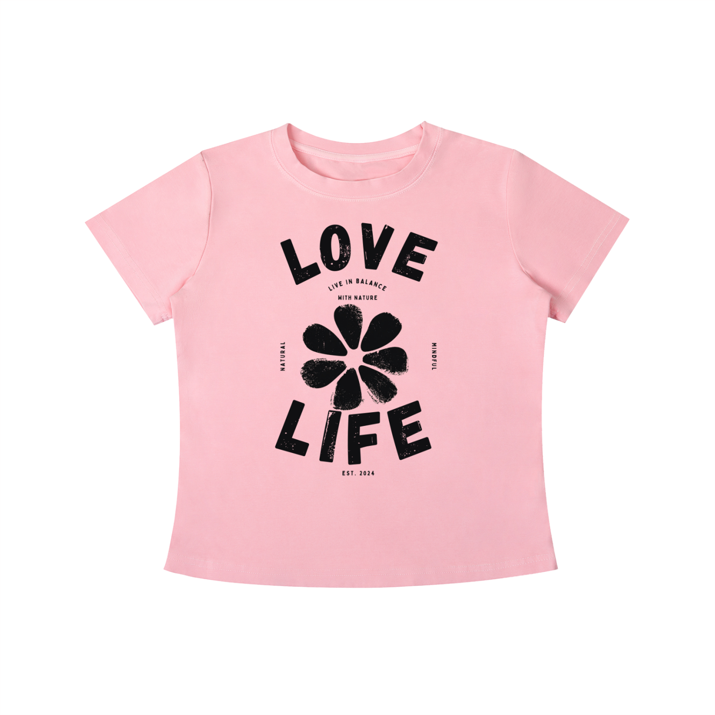Pink Love Life women's graphic t-shirt featuring uplifting artwork inspired by positivity, creativity, and everyday happiness.