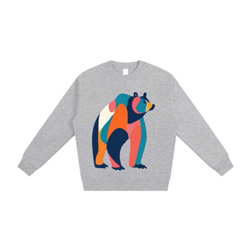 Gray sweatshirt with a colorful bear design on a white background