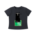 Black MEOW graphic t-shirt featuring minimalist cat artwork inspired by feline lovers and modern design.