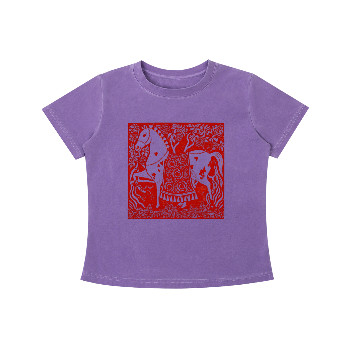 Purple Crimson Horse graphic t-shirt featuring folk art-inspired horse artwork celebrating tradition, creativity, and nature.