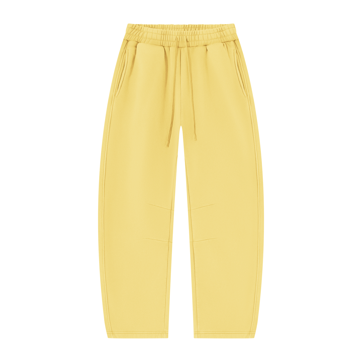 A pair of light yellow Del Lago Greenwich wide-leg sweatpants with an elastic waistband and drawstring.