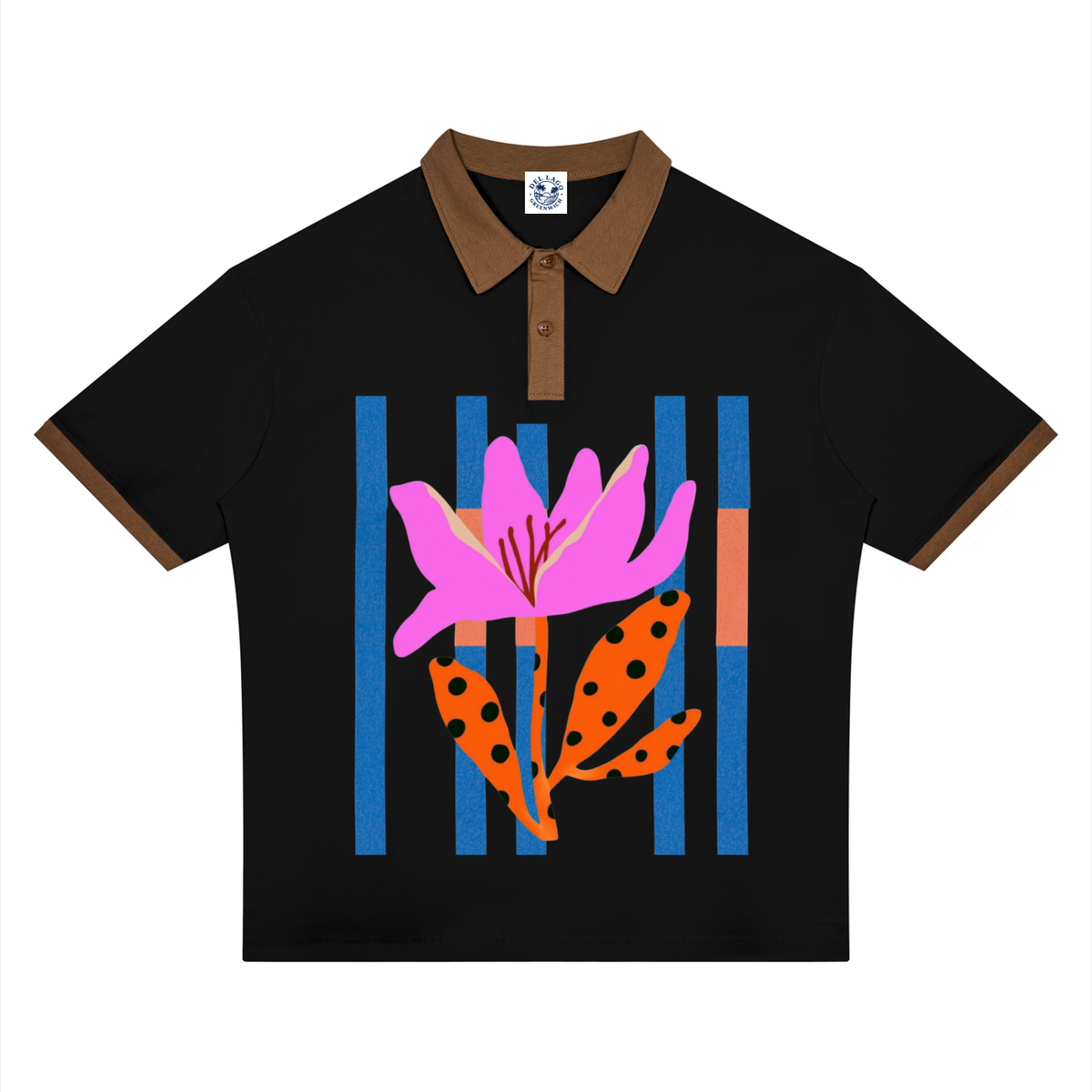 A black short-sleeve polo shirt with a brown collar and sleeve trim, featuring a colorful graphic print of a pink flower, orange spotted leaves, and blue vertical stripes on the front.