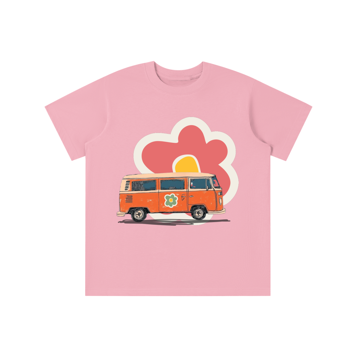 Retro Flower Van graphic t-shirt featuring vintage van and floral artwork inspired by road trips and retro culture.