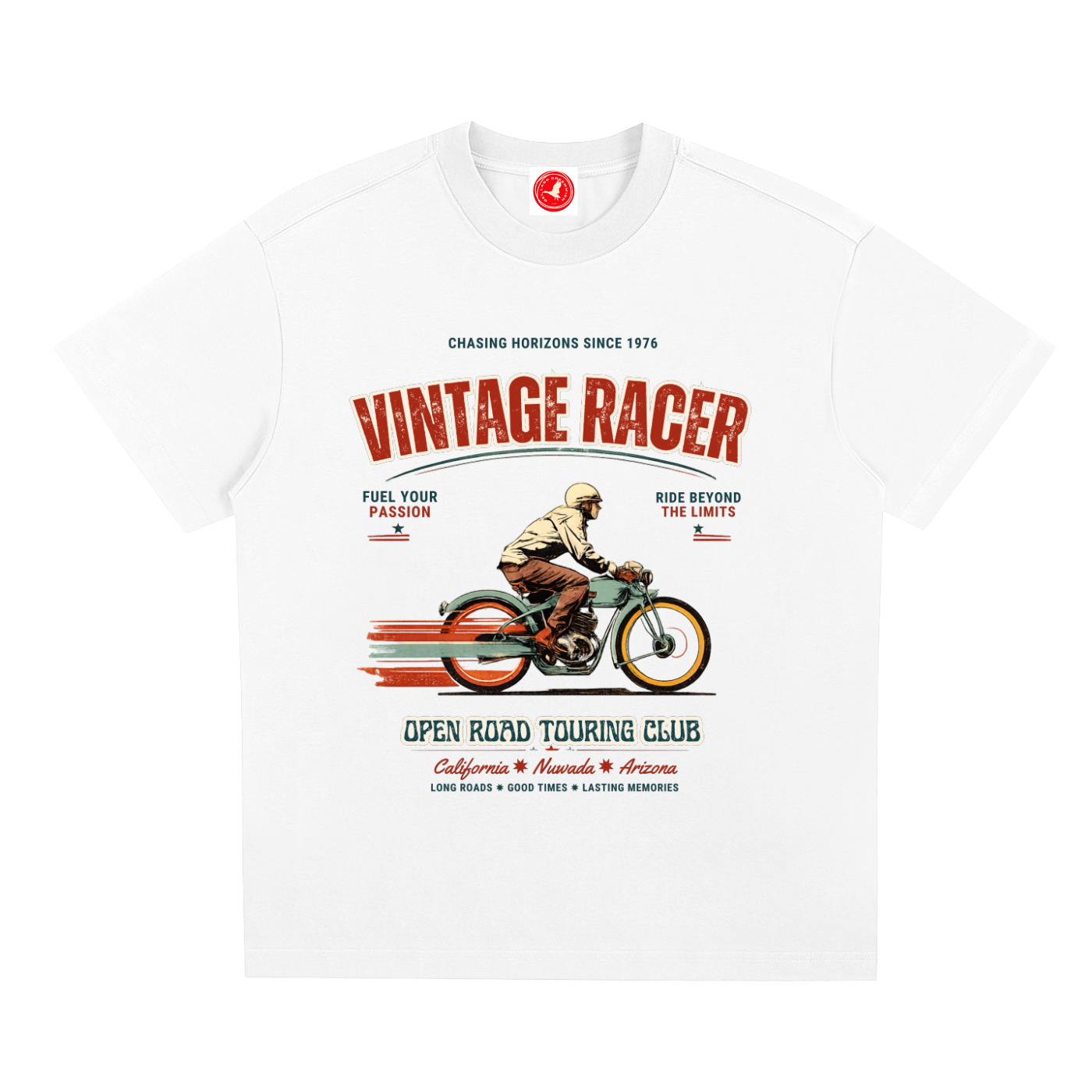 White Vintage racer graphic t-shirt featuring retro touring club artwork inspired by classic road trips and motorsport culture.