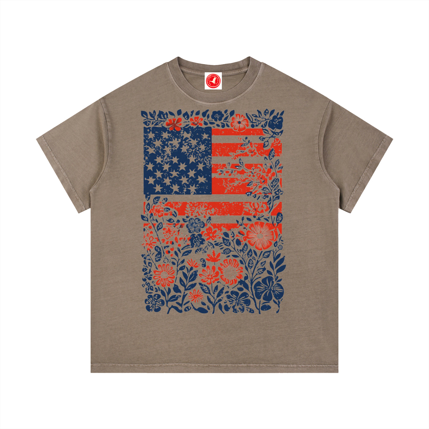 Brown Floral Americana Flag graphic t-shirt featuring patriotic artwork blended with floral design and American heritage.