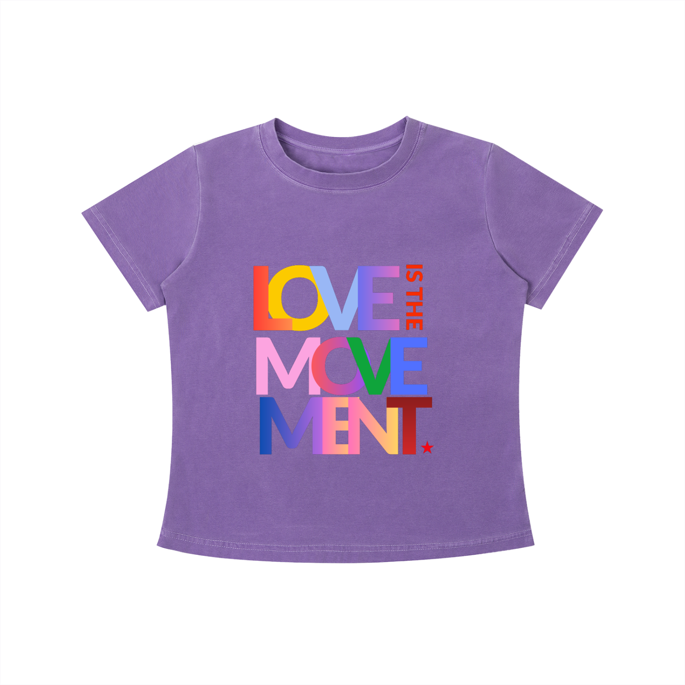 Purple Love Is the Movement graphic t-shirt featuring uplifting artwork inspired by kindness, unity, and positive self-expression.