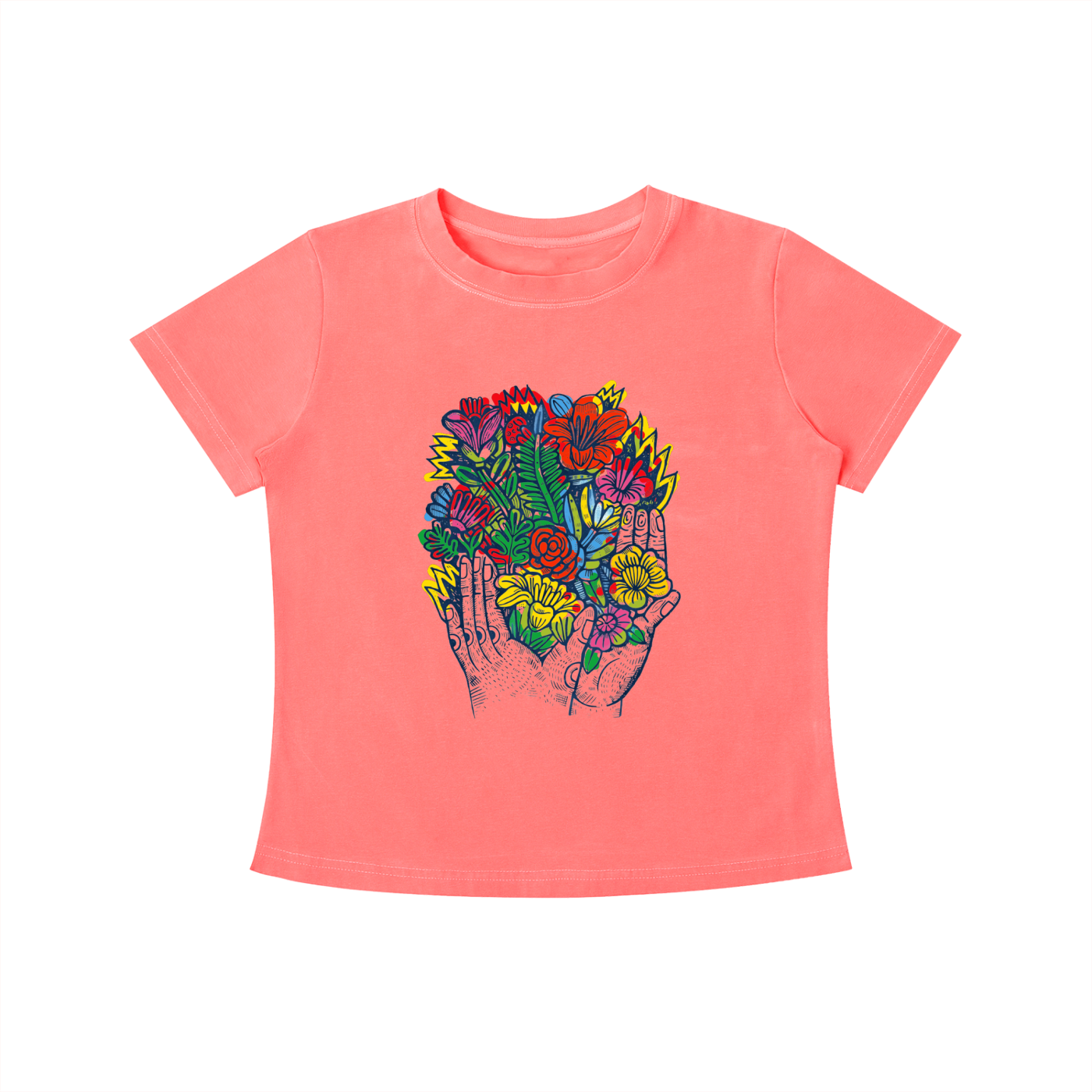 Coral Bloom in Hand graphic t-shirt featuring floral hand artwork inspired by nature, creativity, and botanical illustration.