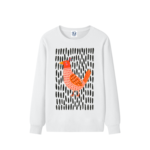 A white graphic sweatshirt featuring an orange bird against a black textured pattern.