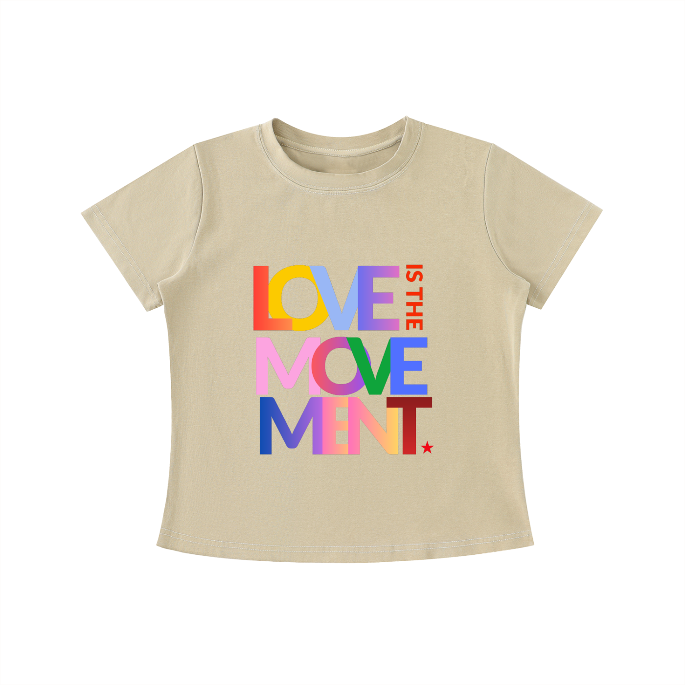 Beige Love Is the Movement graphic t-shirt featuring uplifting artwork inspired by kindness, unity, and positive self-expression.