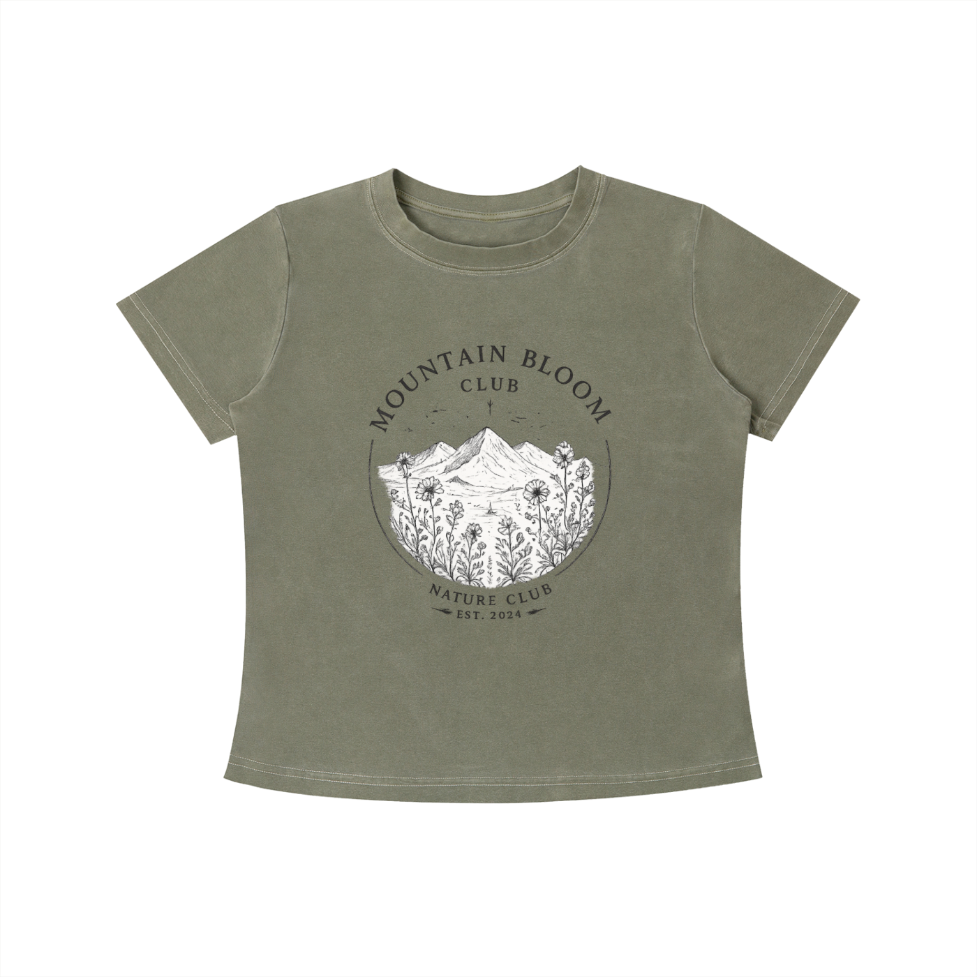 Green Mountain Bloom Club graphic t-shirt featuring floral mountain artwork inspired by nature and outdoor adventure.