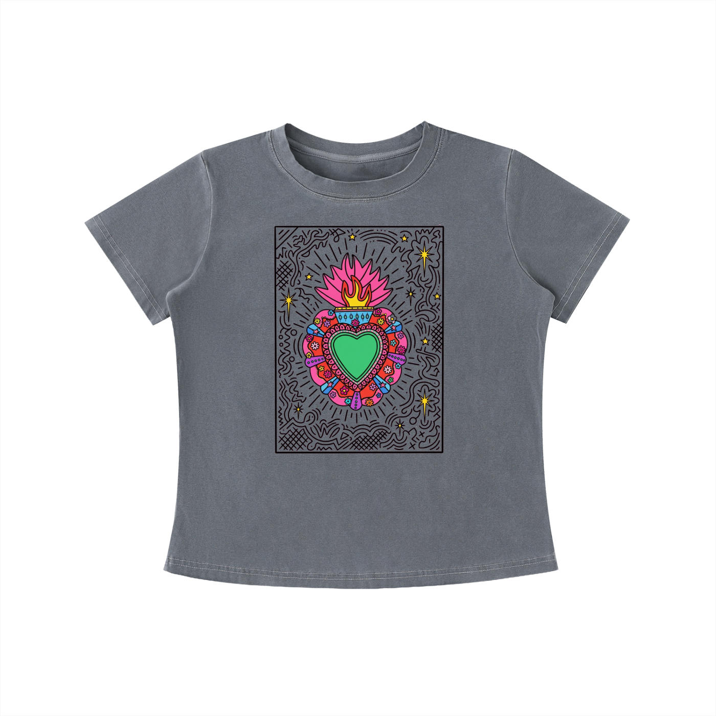 Gray Sacred Heart graphic t-shirt featuring folk art-inspired heart artwork celebrating tradition, creativity, and cultural expression.