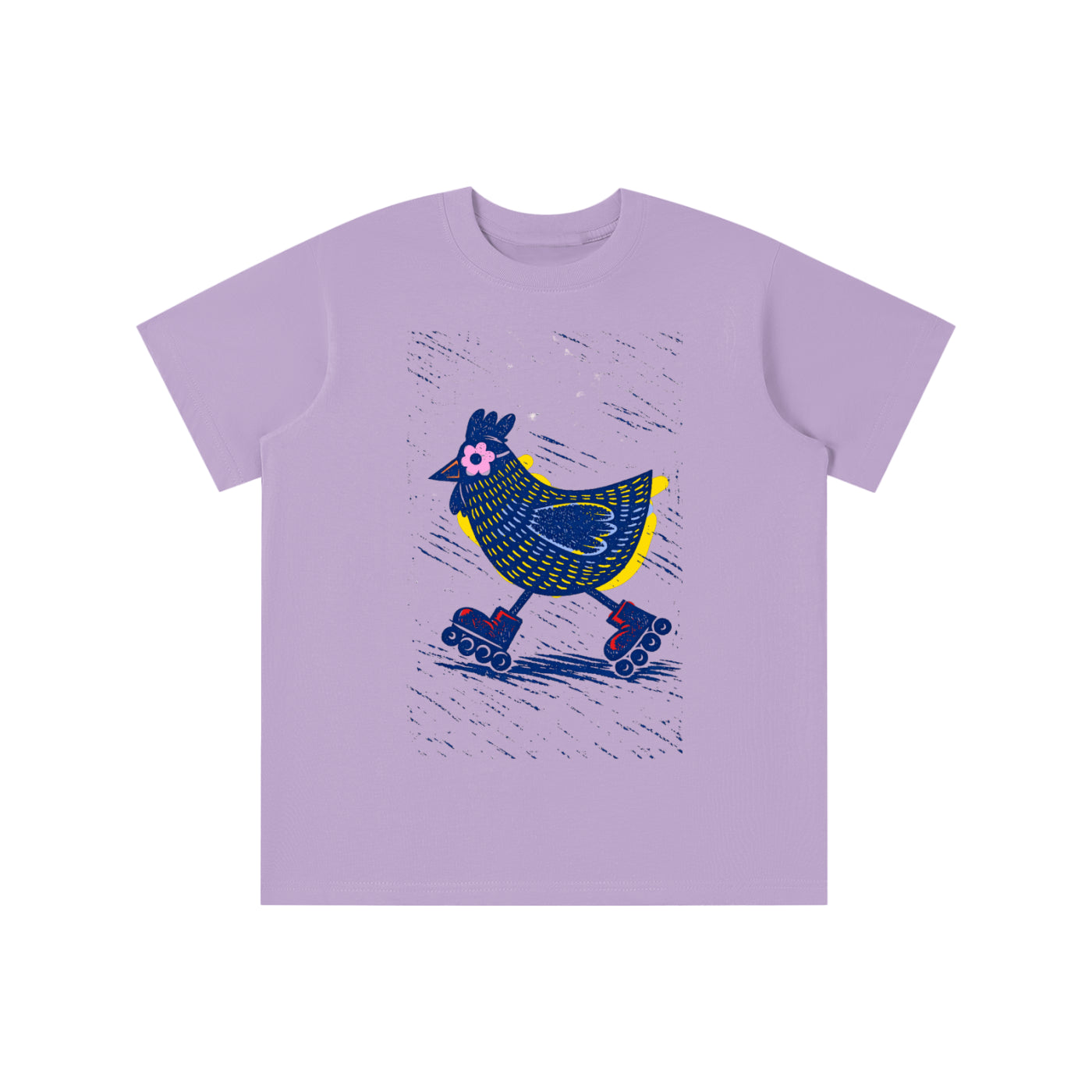 Roller Skating Chicken graphic t-shirt featuring whimsical chicken artwork inspired by vintage fun and playful illustration.