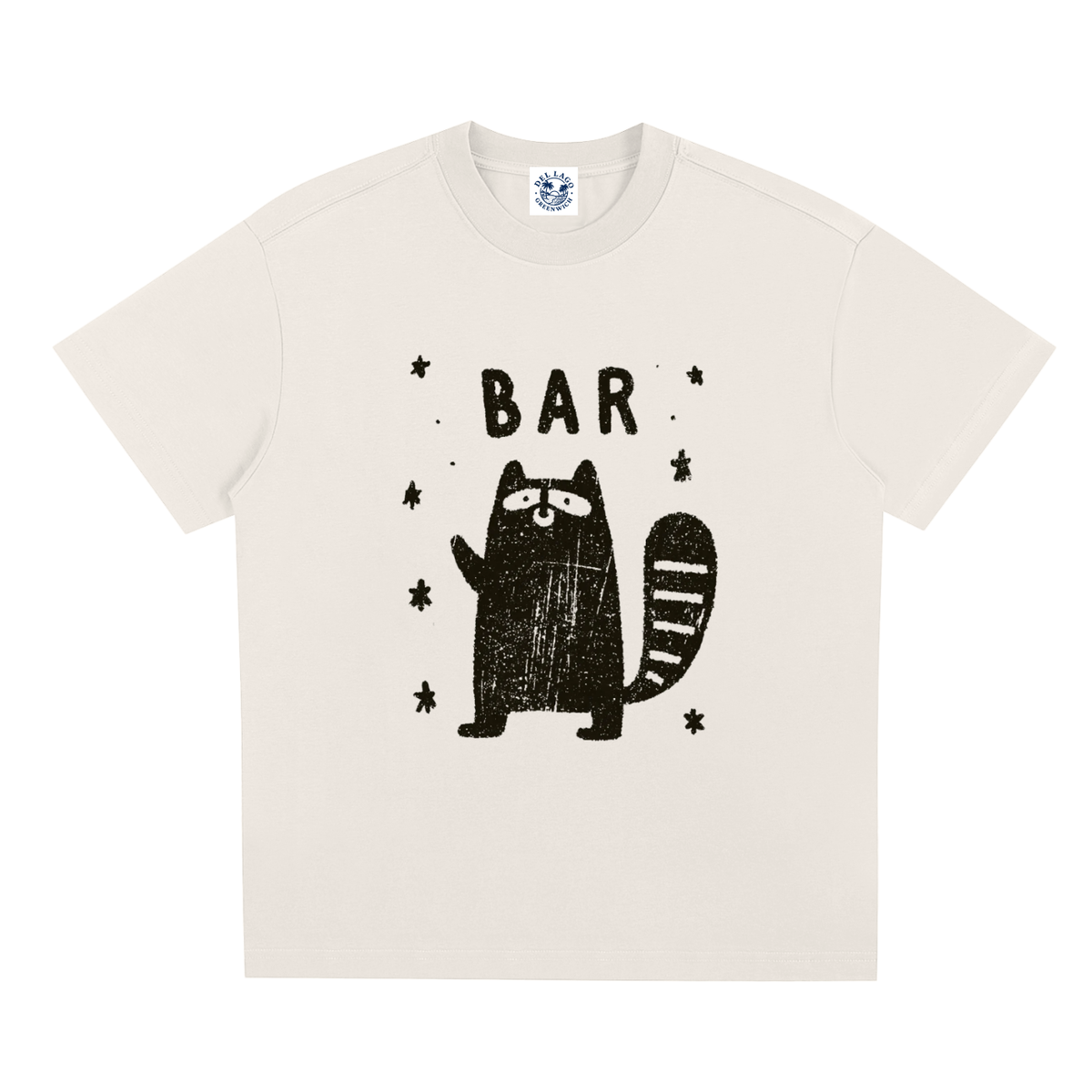 An off-white short-sleeve t-shirt with a black distressed graphic of a raccoon and the word 'BAR' on the front, displayed against a solid white background.