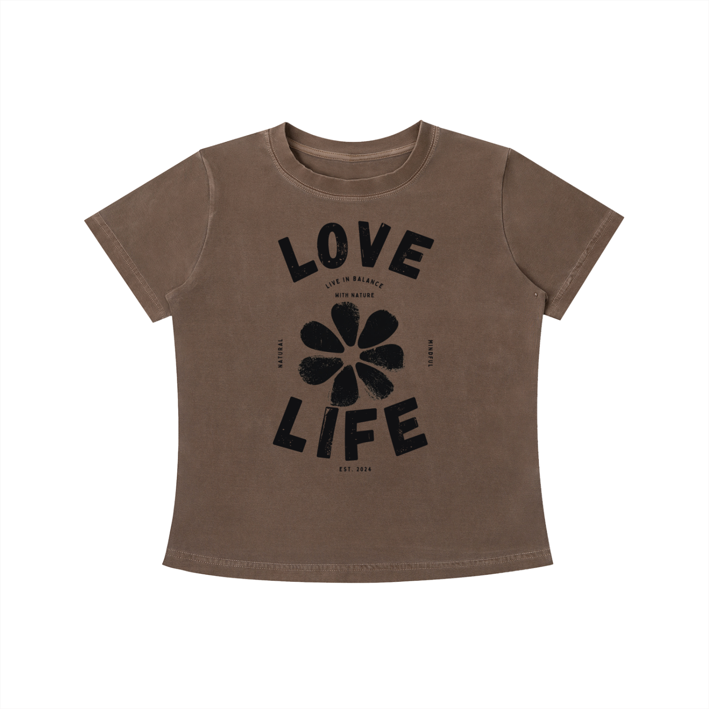 Brown Love Life women's graphic t-shirt featuring uplifting artwork inspired by positivity, creativity, and everyday happiness.